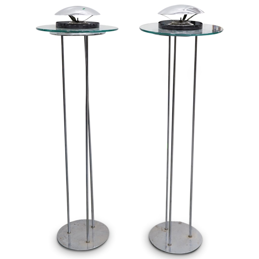 Pair Robert Sonneman For George Kovacs Floor Lamps: DESCRIPTION: Pair of Robert Sonneman for George Kovacs modernist metal & tempered glass floor lamps. Tested and functional; one lamp possibly with loose electrical components. CIRCA: Late 20th century
