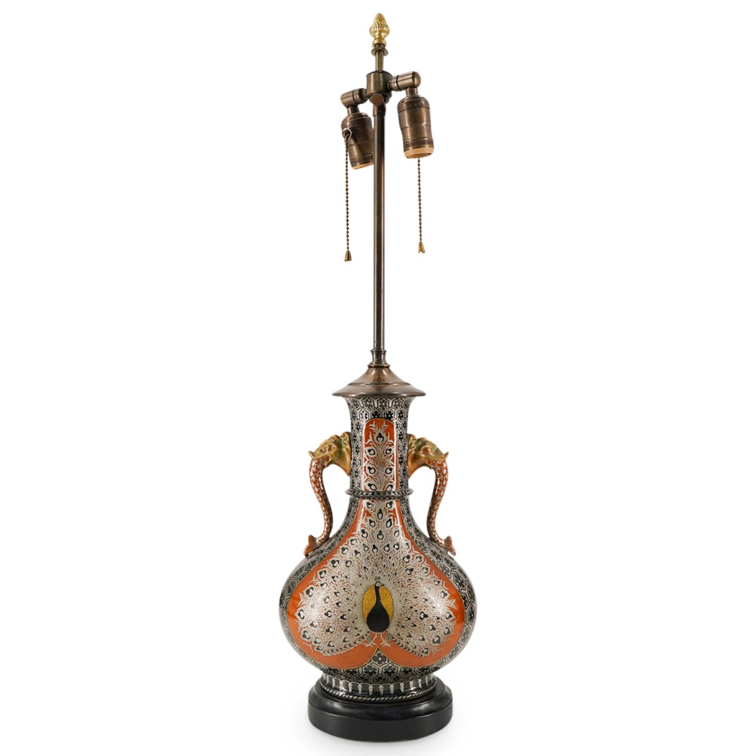 Antique Japanese Enameled Metal Peacock Vase Table Lamp (1 of 6)