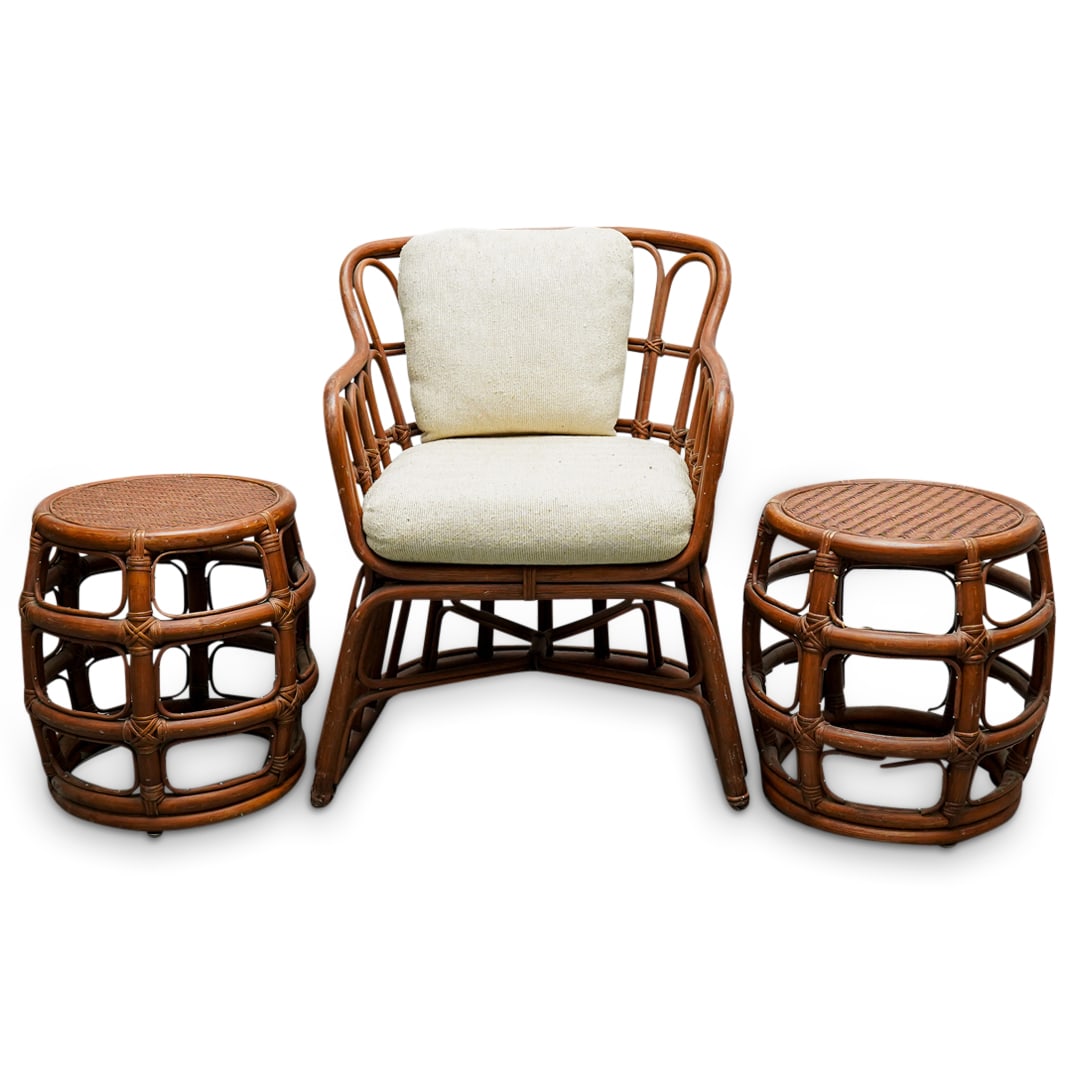 (3 Pc) Brown Jordan Rattan Chair & Garden Stools (1 of 20)
