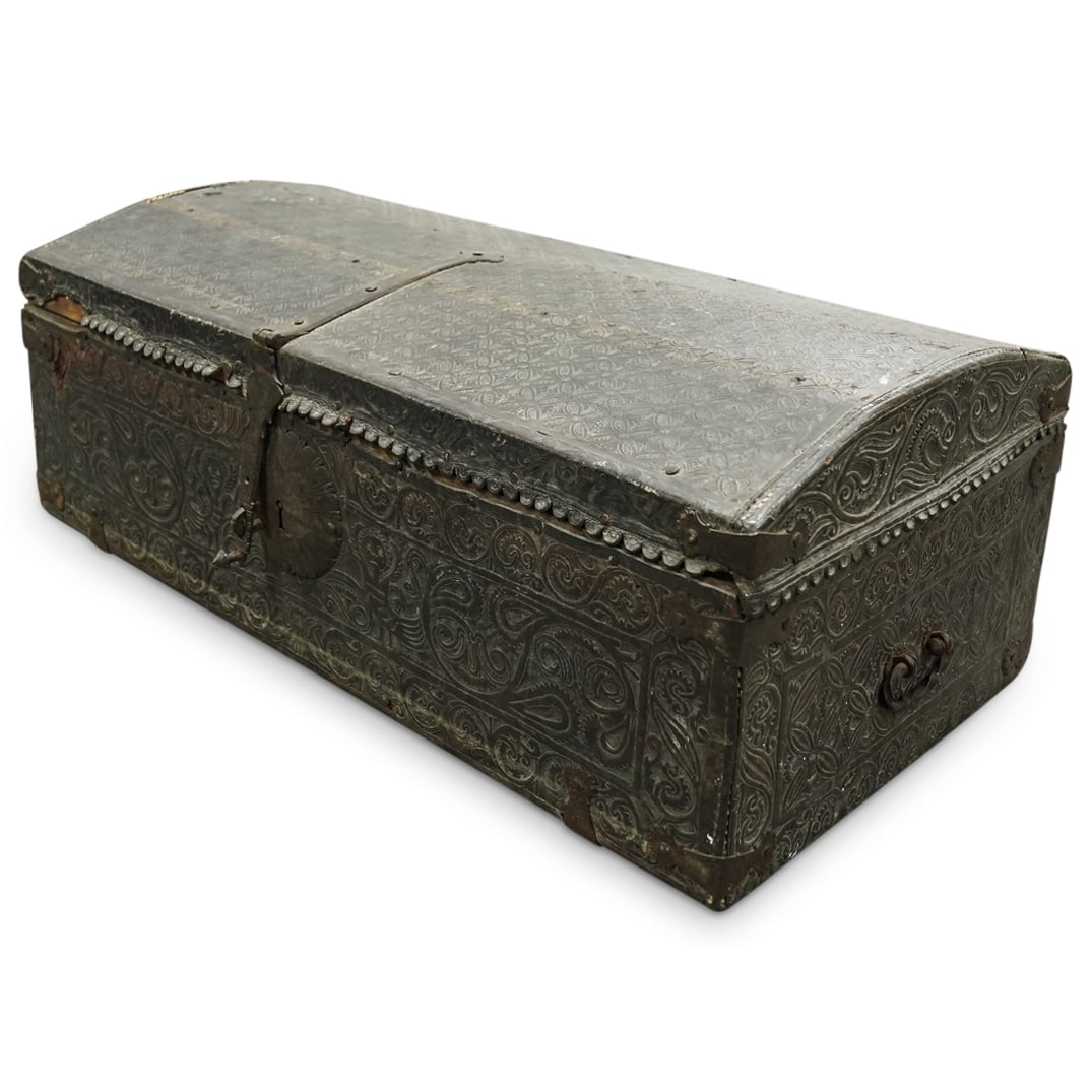 18th Century Spanish Colonial Carved Wood Leather Bound Chest (1 of 10)