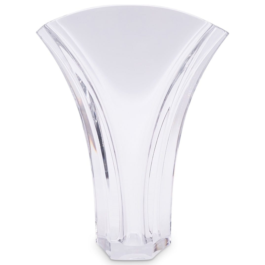 Baccarat "Gingko" Crystal Vase: DESCRIPTION: Baccarat "Gingko" clear colorless crystal vase. Marked on underside and at bottom/ CIRCA: Late 20th - early 21st century ORIGIN: French DIMENSIONS: H: 9.5" W: 3" L: 7.25" CONDITION: A few
