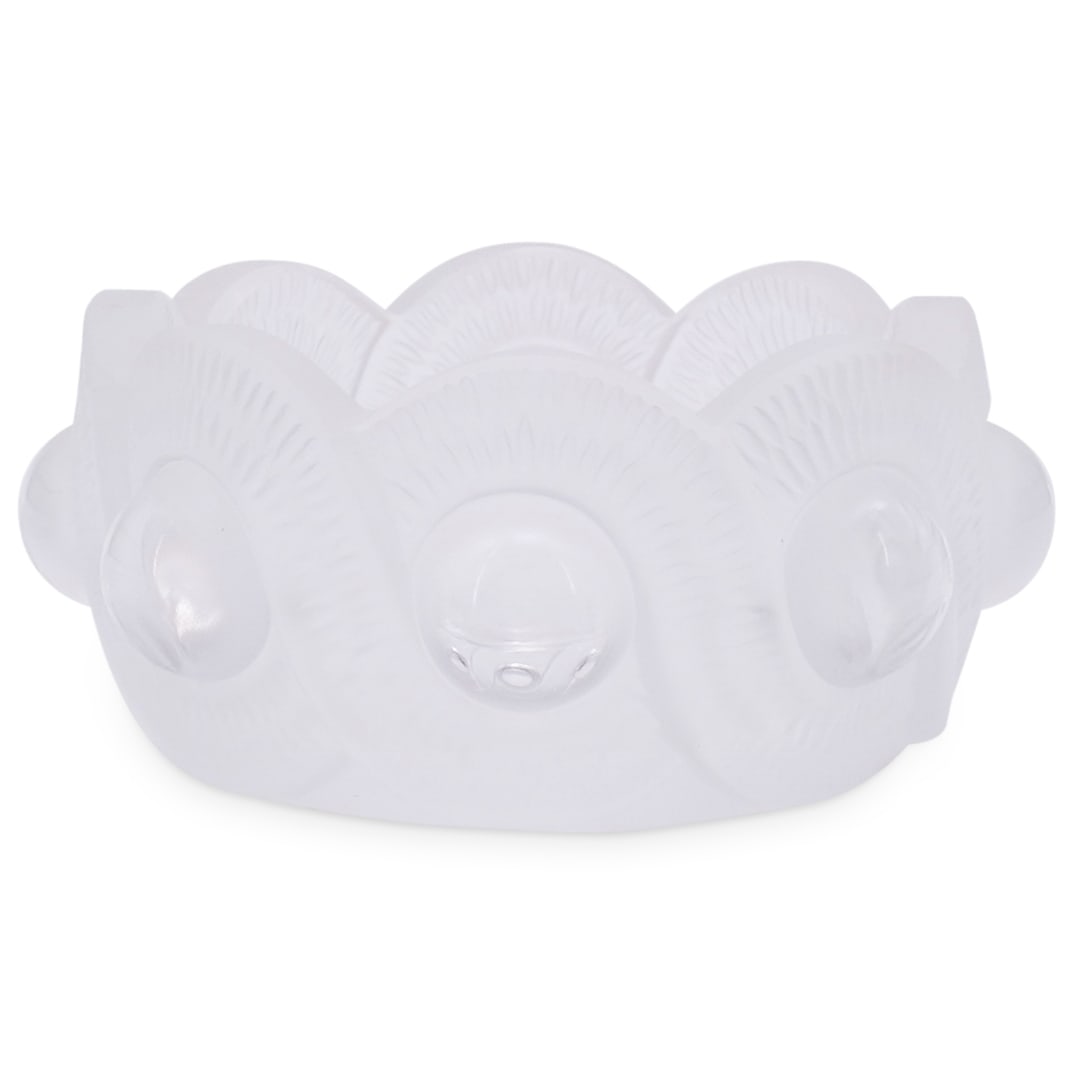 Lalique "Gao" Crystal Ashtray: DESCRIPTION: Lalique "Gao" clear and frosted colorless crystal ashtray. Marked on underside. CIRCA: Late 20th - early 21st century ORIGIN: French DIMENSIONS: H: 2" Diameter: 4.25" CONDITION: Great con