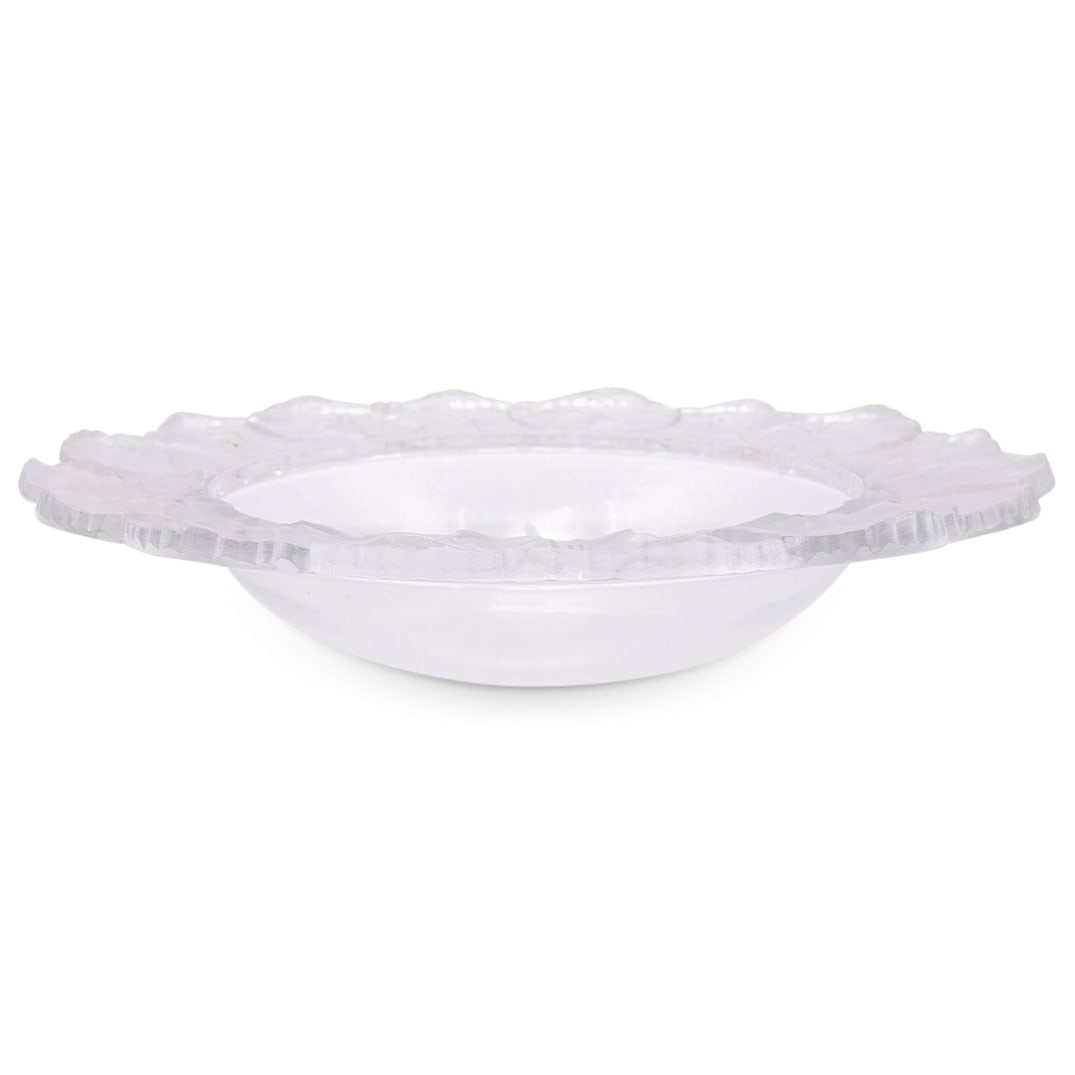 Lalique "Honfleur" Crystal Bowl: DESCRIPTION: Lalique "Honfleur" clear and frosted colorless crystal bowl featuring foliage motif border. Partially worn "Lalique Crystal France" mark on underside. CIRCA: Mid - late 20th century ORIGI