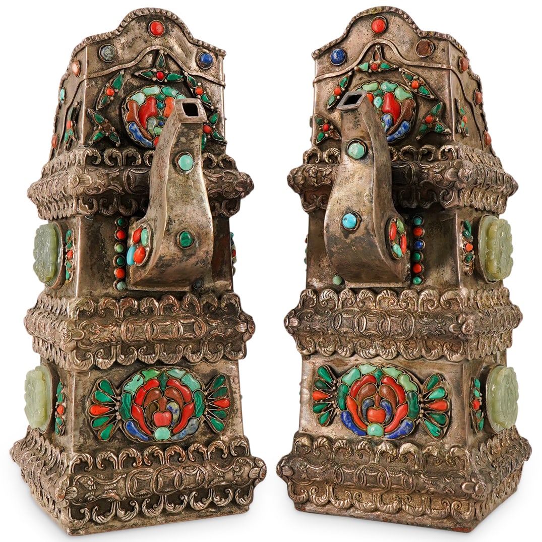 Pair Of Sino Mongolian Inset Silver Plated Teapots W/ Coral, Jade, And Hard Stone Insets (1 of 10)