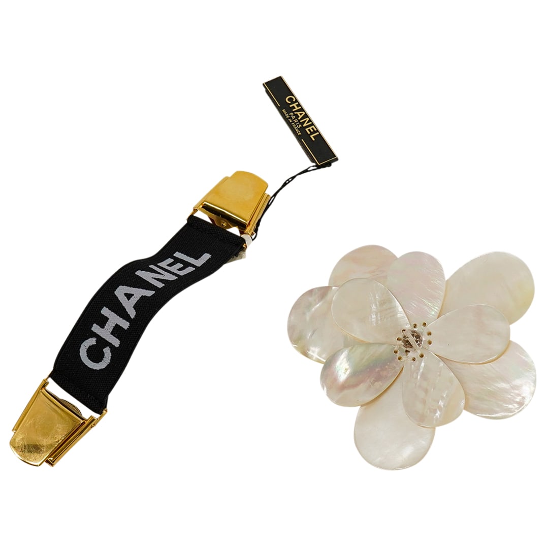 (2 Pc) Chanel Suspenders & Mother-Of-Pearl Camellia Flower Brooch (1 of 9)
