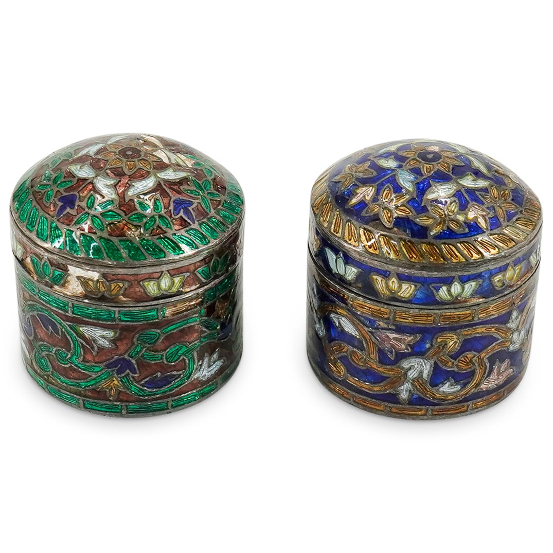 Pair Of Antique Indian Enameled Sterling Silver Pill Boxes: DESCRIPTION: Two matching sterling silver pill boxes, each featuring polychrome enameled floral and foliage designs throughout. Total weight of both pieces together: 42 g. CIRCA: Early to mid-20th Cen