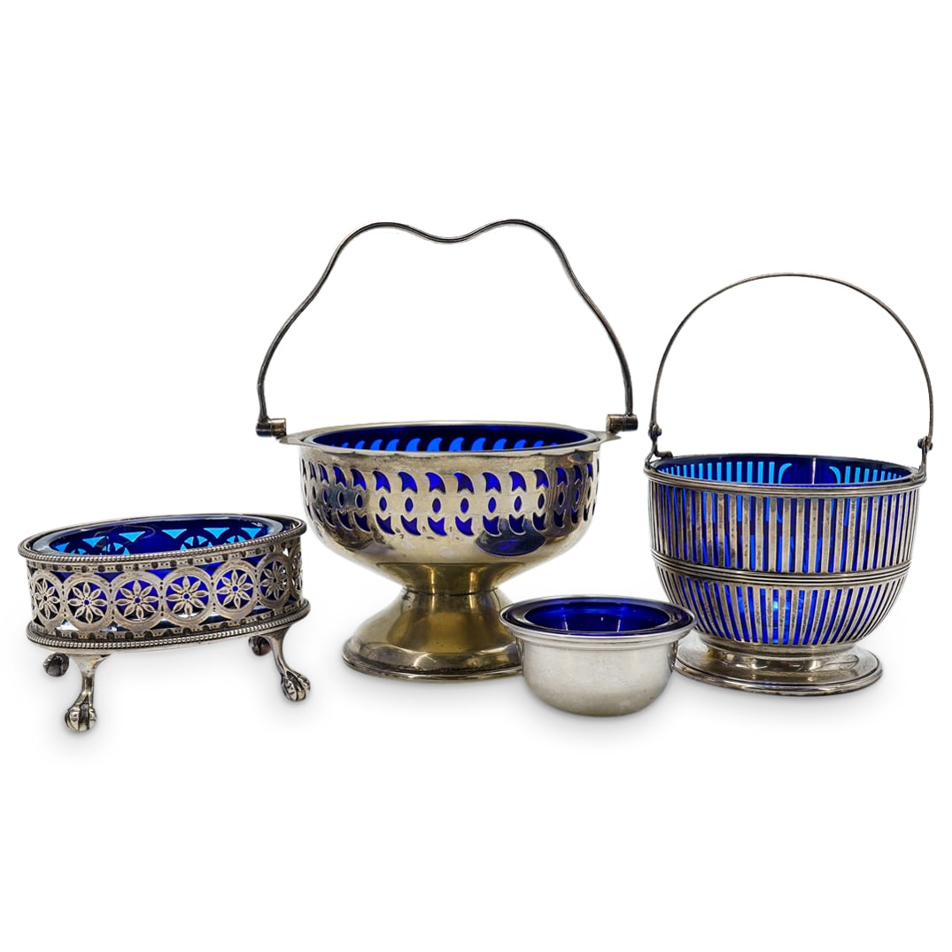 (4 Pc) Cobalt Blue Glass Cellars In Silver And Silver Plated Bases (1 of 20)