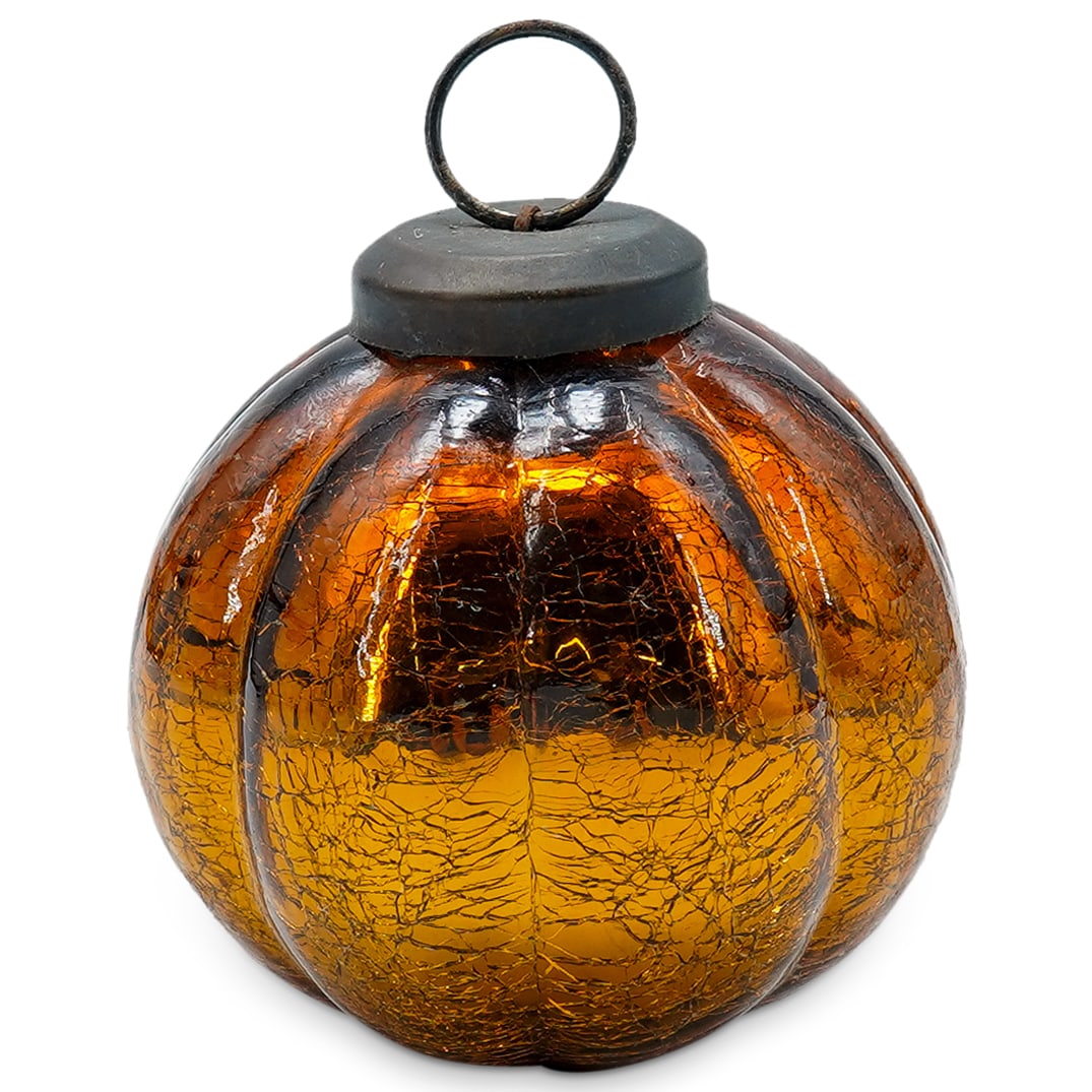 Antique Glass German Kugel: DESCRIPTION: Antique German Kugel with reflective orange, crackle glass, gourde form, fitted with metal suspension ring. CIRCA: 20th Cent. ORIGIN: Germany DIMENSIONS: H: 3.75" x Dia: 3.5" CONDITION: G