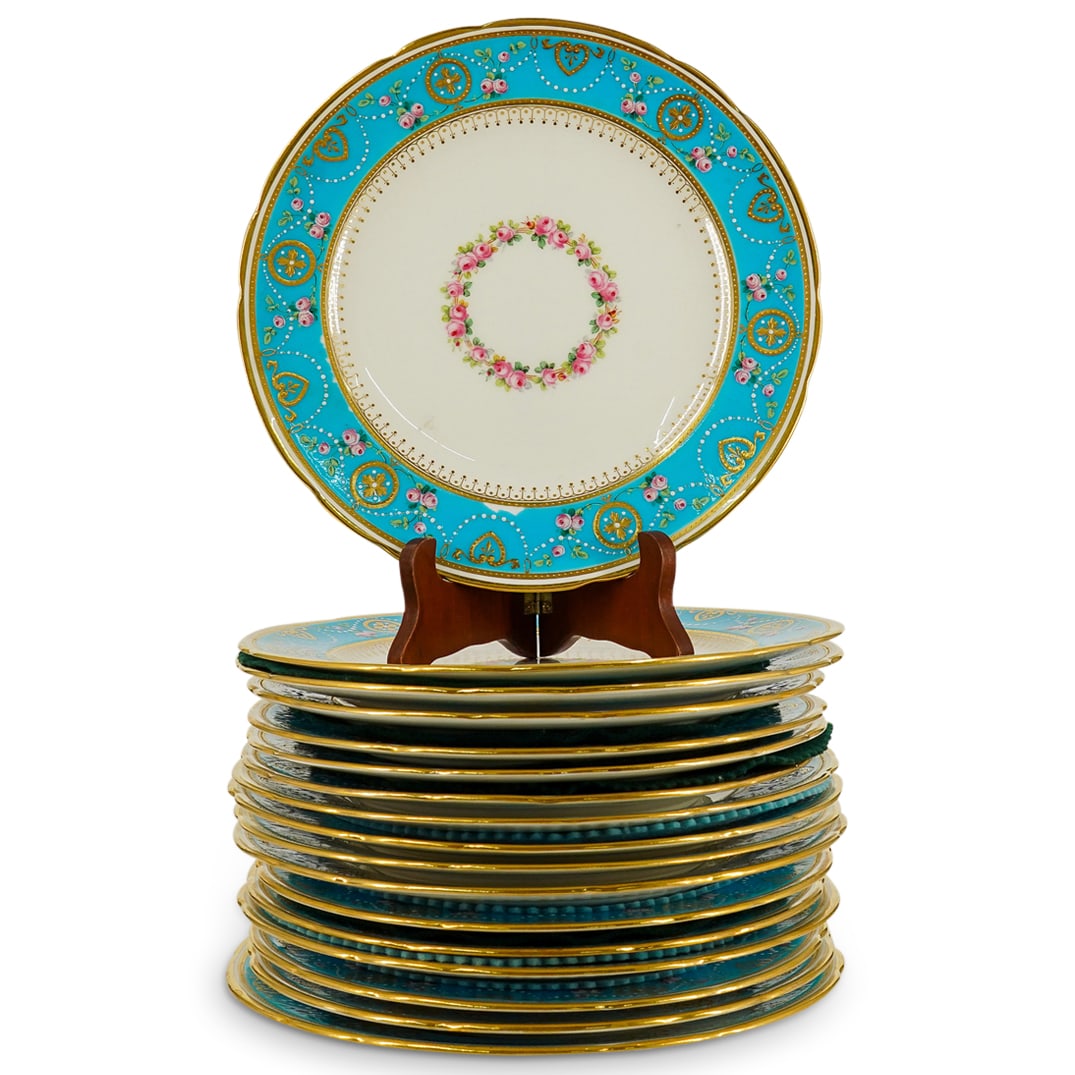 (16 Pc) Mintons For Ovington Brothers Turquoise and Gilt Porcelain Plates (1 of 6)