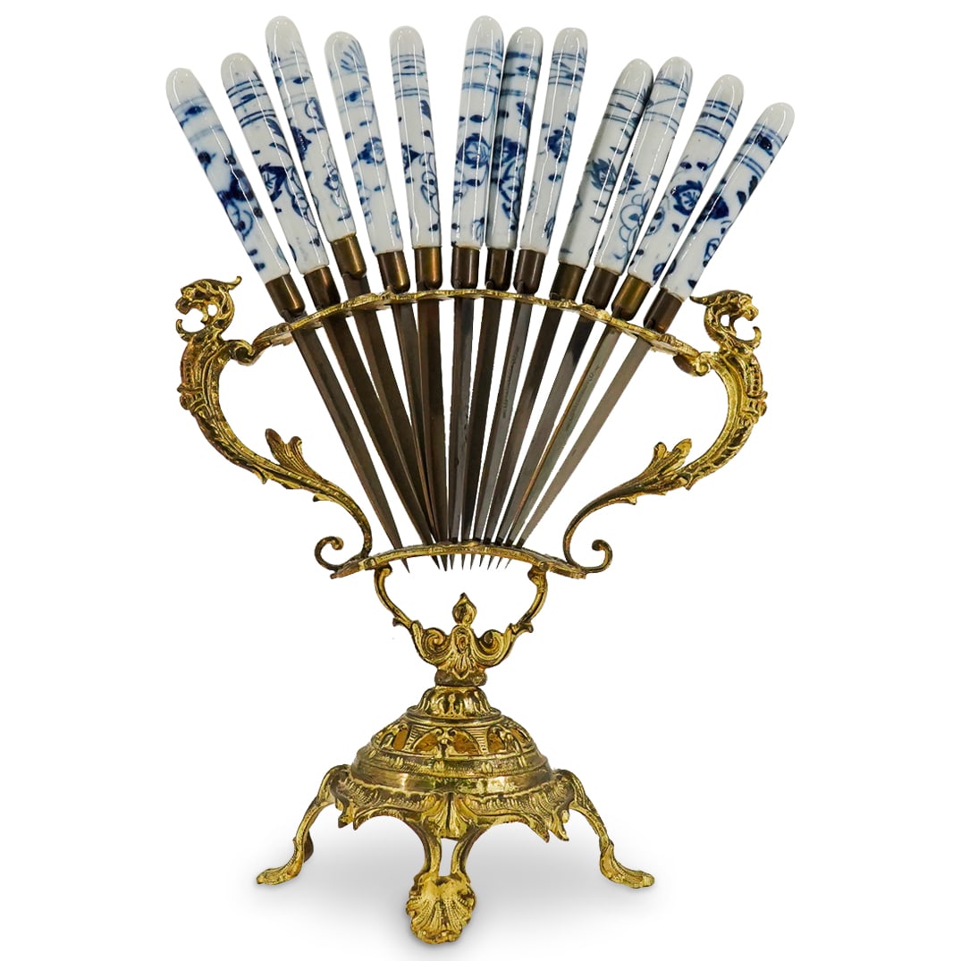 Antique German Uchatiusbronce Blue Onion Knife Set on Stand (1 of 7)