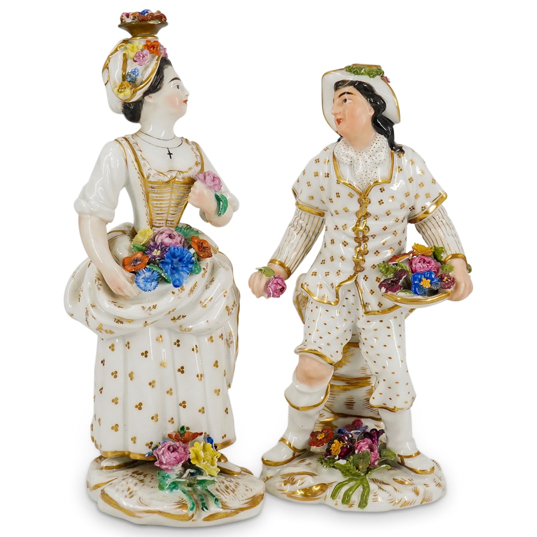 Pair Antique Jacob Petit Porcelain Scent Bottles: DESCRIPTION: One modeled as a man, the other as a woman, each decorated with gilding and polychrome flowers. Each marked on underside. CIRCA: Mid 19th century ORIGIN: French DIMENSIONS: (Woman, with s