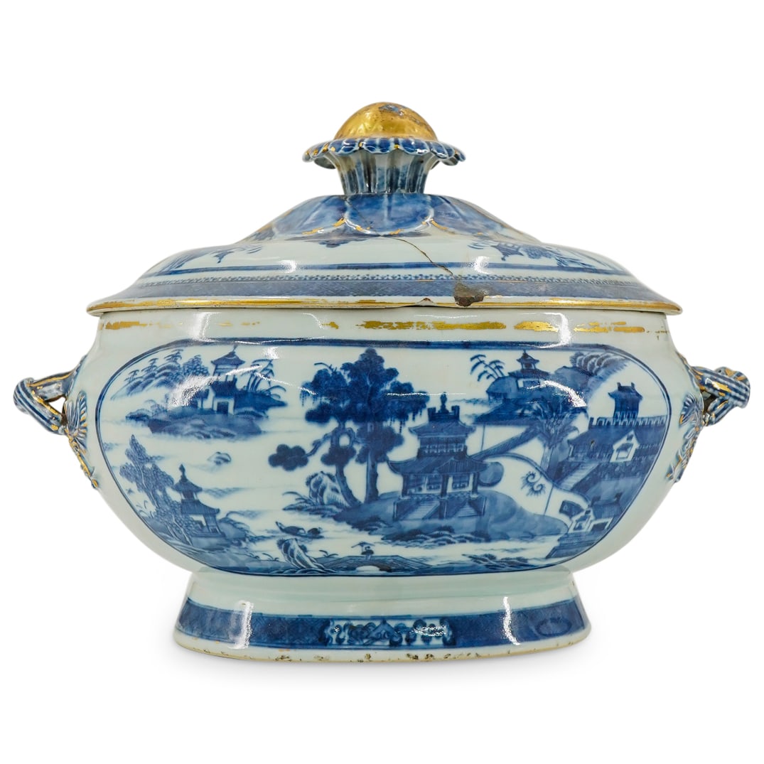 Antique Chinese Nanking Porcelain Tureen: DESCRIPTION: Antique Chinese Nanking blue & white export porcelain tureen decorated with landscapes and gilding. CIRCA: 19th century ORIGIN: Chinese DIMENSIONS: H: 10.25" W: 9.75" L: 14.25" CONDITION: