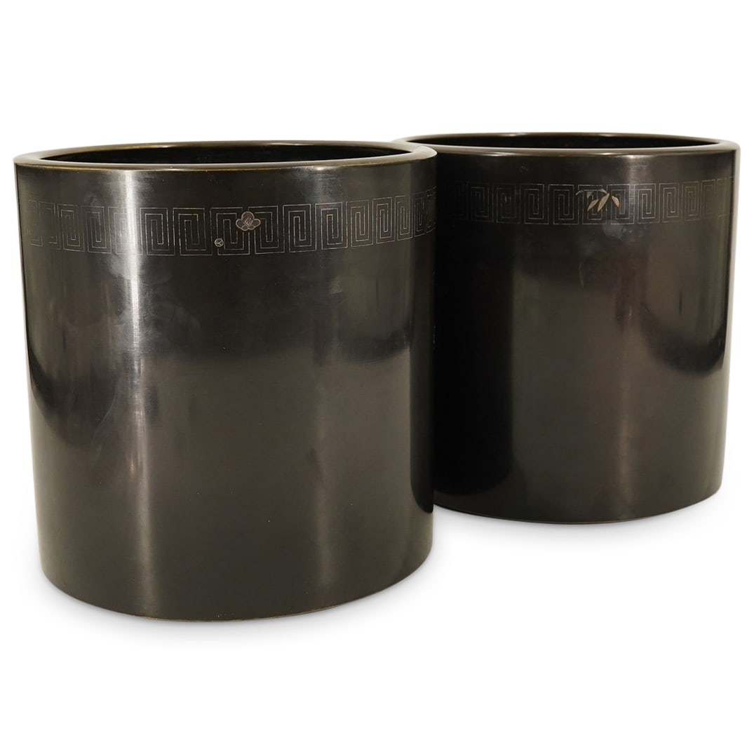 (2 Pc) Japanese Meiji Era Bronze Planters w/ Silver Inlaid Motifs (1 of 6)