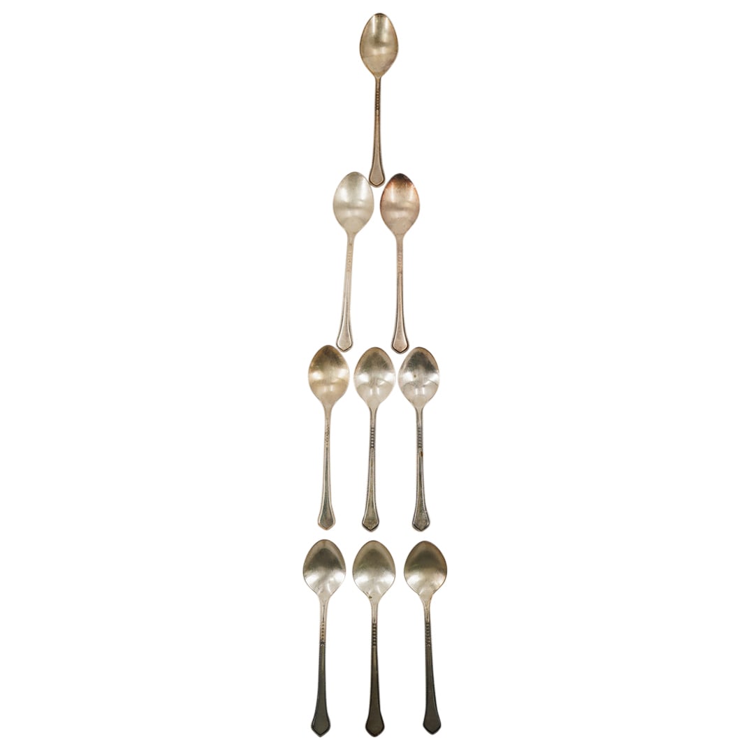 (9 Pc) Estonia USSR Tallinn Jewelry Silver Soup Spoons Set: DESCRIPTION: (9 Pc) Estonia USSR Tallinn Jewelry Silver Soup Spoons Set. Made by Tallinn Jewelry Factory (Estonia, USSR). Total weight: 496 grams CIRCA: 20th Century ORIGIN: Russia DIMENSIONS: L: 8". 