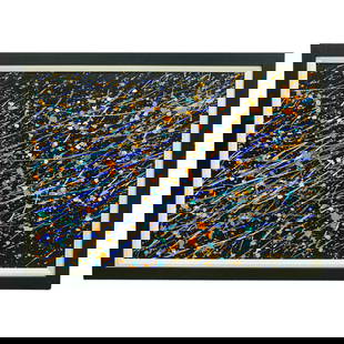 Robert Copple (B. 20th C.) Abstract Expressionist Oil On Canvas: DESCRIPTION: Oil on canvas painting by Robert Copple depicting splatters in gold, orange, sea green, and various shades of blue against a black background. Signed on verso. Mounted in a black, fabric-