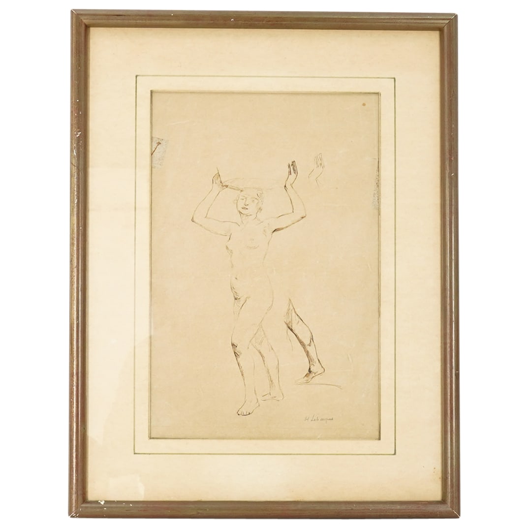 Henri Lebasque (1865-1937) "Study Of A Nude" Ink On Paper: DESCRIPTION: Ink on paper study of a nude by Henri Lebasque depicting a standing nude woman from the front. Signed at lower right. Mounted in a wooden frame. Includes 2002 receipts of purchase, insura