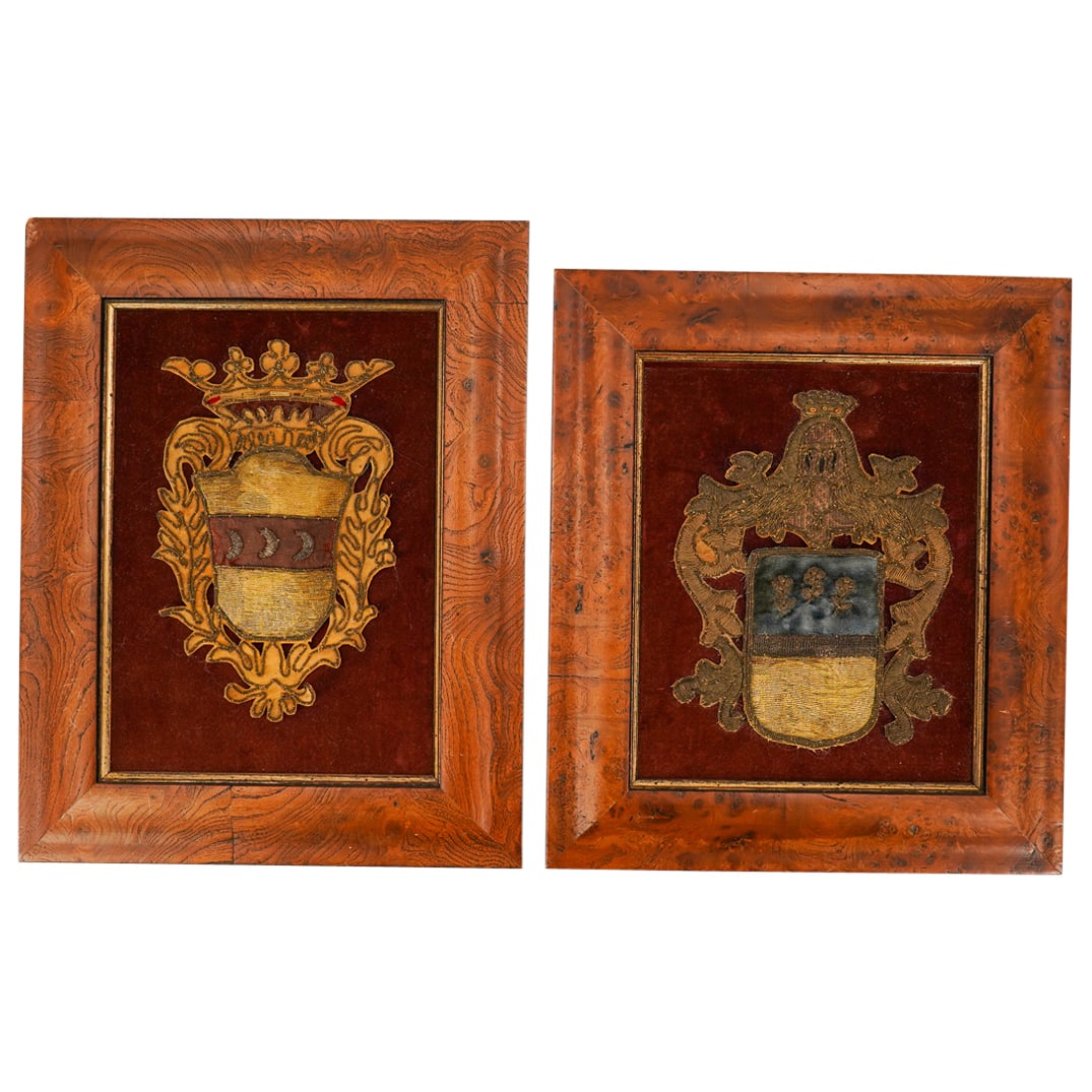 (2 Pc) Antique Armorial Embroideries: DESCRIPTION: Two antique armorial embroideries, each mounted to a (probably later) velvet ground, each decorated with metallic thread. CIRCA: 18th century ORIGIN: European DIMENSIONS: (Sight, includin