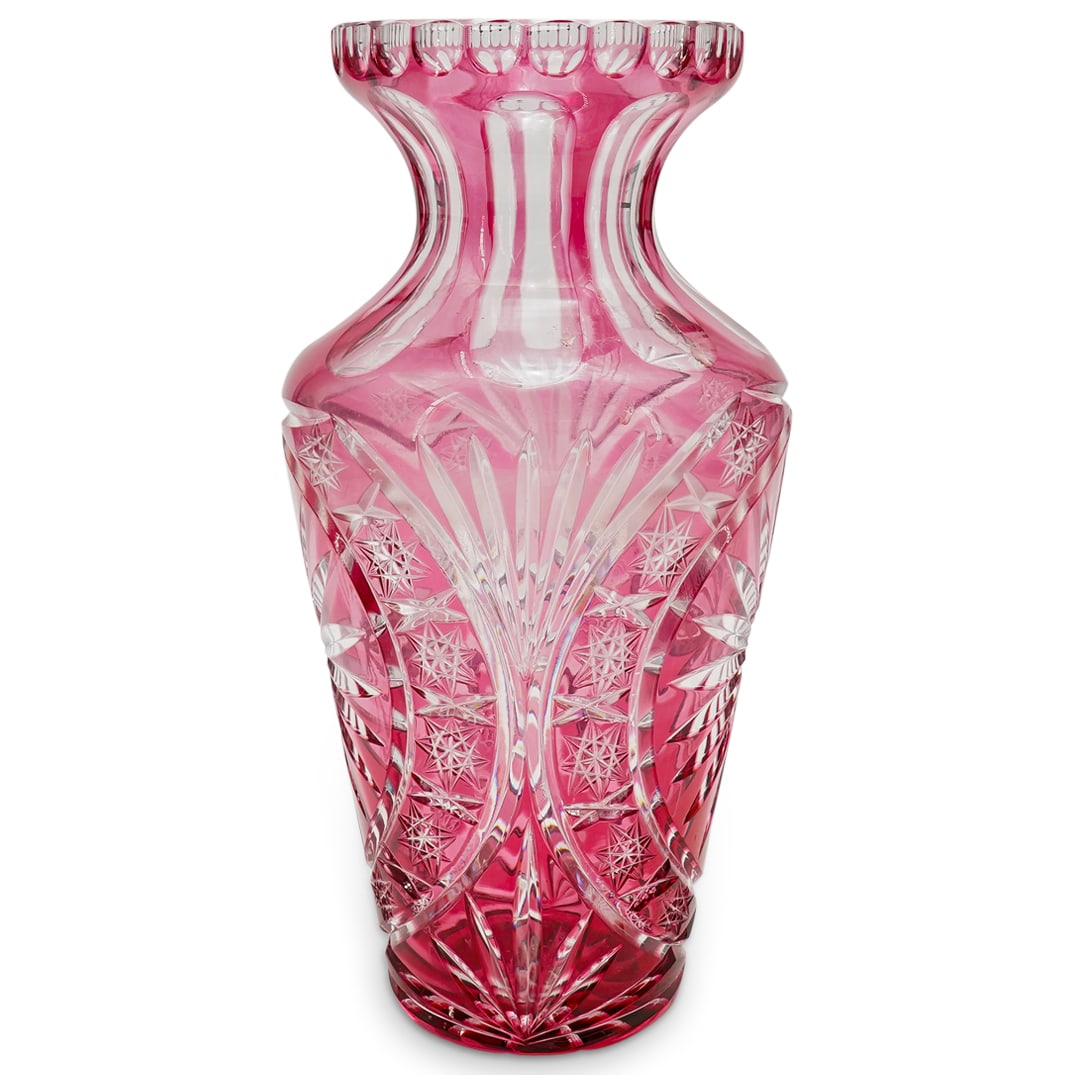 Vintage Bohemian Cranberry Cut to Clear Glass Vase (1 of 6)