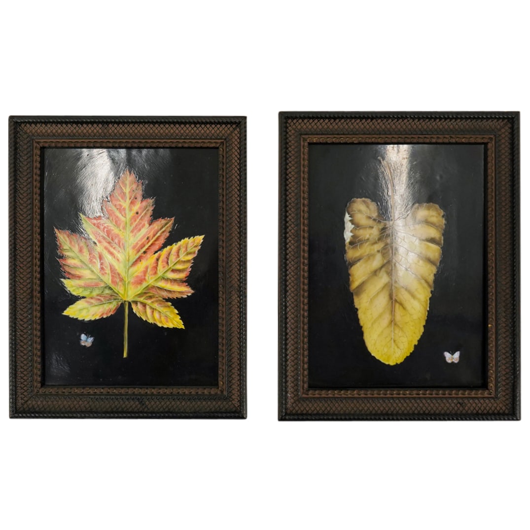 Pair of Signed Vintage Painted Porcelain Autumn Leaf Plaques (1 of 9)