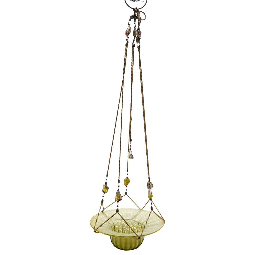 Vintage Hanging Pendant Art Glass Bowl: DESCRIPTION: Vintage hanging fixture composed of a green art glass bowl suspended from a brass ring via a braided rope adorned with hard stone end weights. CIRCA: 20th Century ORIGIN: Continental DIME