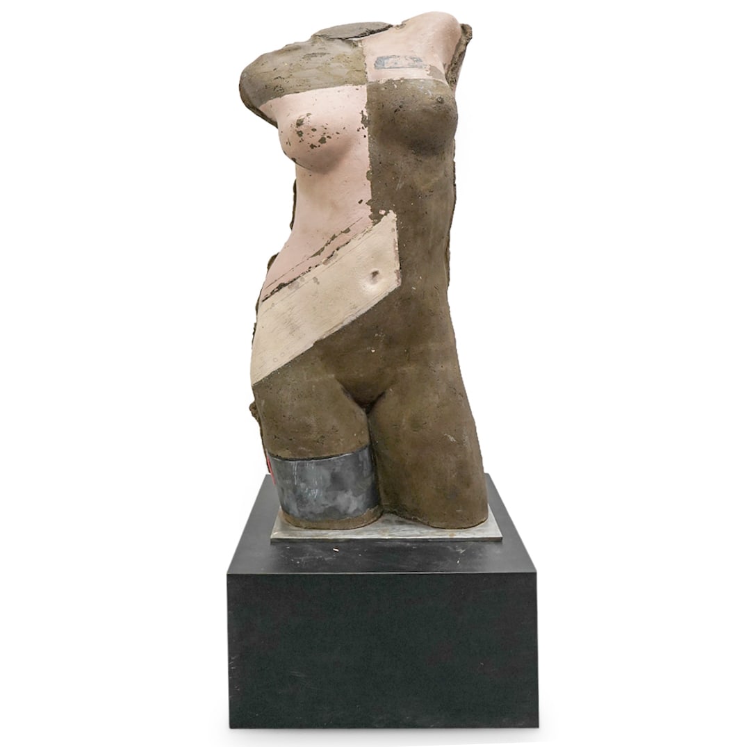 Dan Corbin (American, B. 1947) Bauxite & Mixed Media Sculpture: DESCRIPTION: Bauxite & mixed media figural sculpture by Dan Corbin (American, b. 1947) depicting a nude female torso. Signed and dated "Dan Corbin 2002", and with possible artist's mark, on thigh. Mou