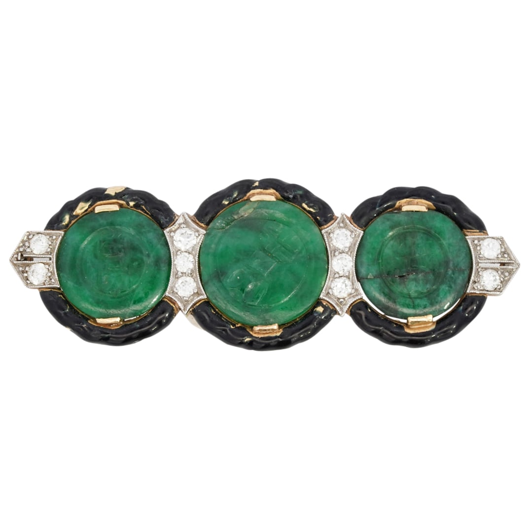 Manner of Cartier Art Deco 18k Gold, Jadeite and Diamond Brooch (1 of 3)