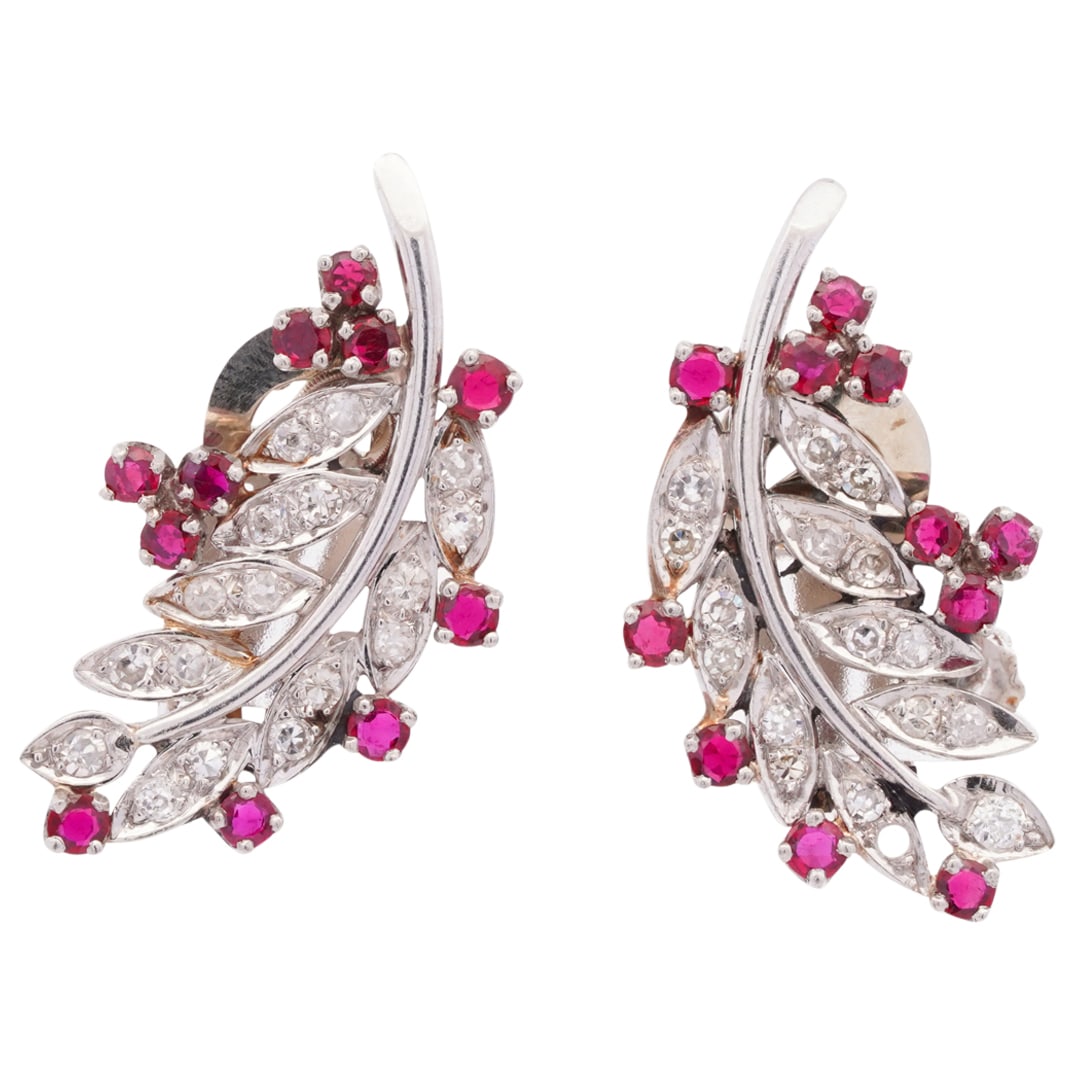 Art Deco Platinum Diamond & Ruby Feather Earrings (1 of 3)