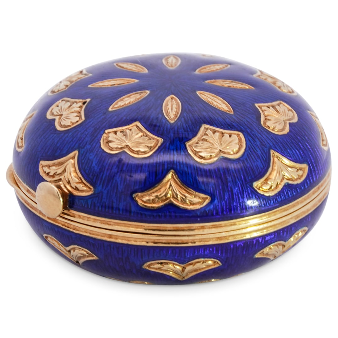 Vintage Piaget 18k Gold and Enamel Pill Box: DESCRIPTION: Very Fine Vintage Piaget 18 Karat Yellow Gold and blue Enamel Hinged Pill Box. Signed "Piaget", stamped 750. Total Weight:35.6 Grams (22.9 dwt) CIRCA: 1960s-1970s ORIGIN: France DIMENSION