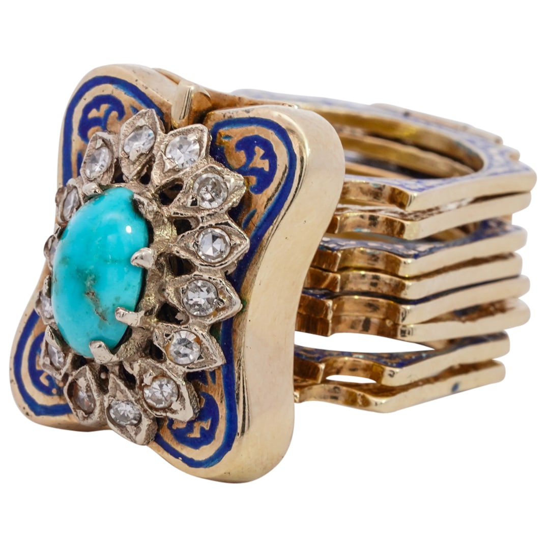 Signed Antique 14k Gold, Diamond & Turquoise Convertible Ring (1 of 8)