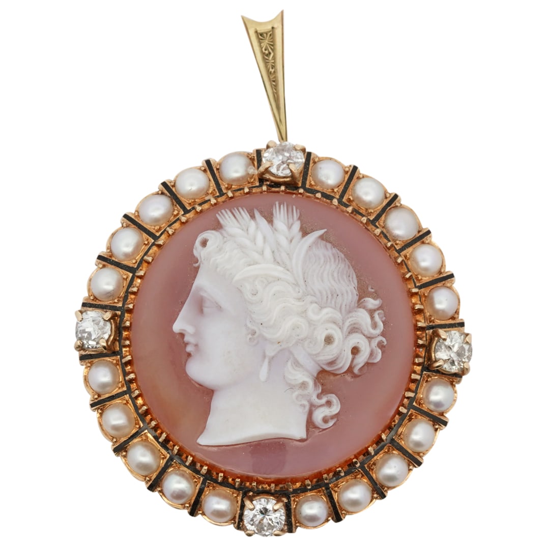Vintage Cartier 18k Gold, Cameo, Diamond and Pearl Brooch (1 of 5)