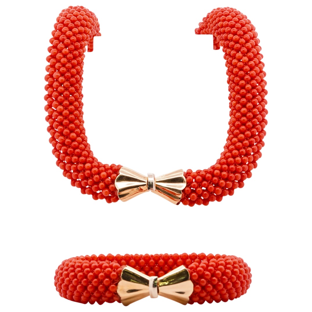 18k Yellow Gold & Red Coral Beaded Necklace & Bracelet Set (1 of 7)
