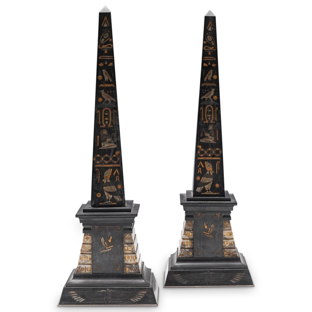Pair of Egyptian Revival Carved Marble Obelisks (1 of 12)