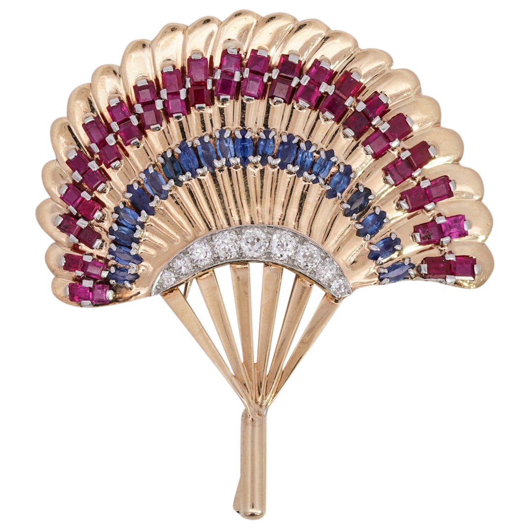 Vintage Signed 14k Gold Gemstone Fan Brooch (1 of 5)