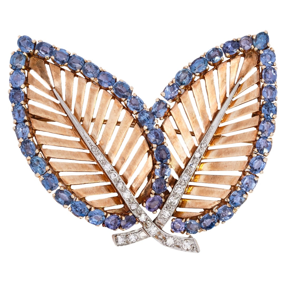 Raymond Yard Style 14k Gold, Diamond and Sapphire Leaf Brooch (1 of 4)