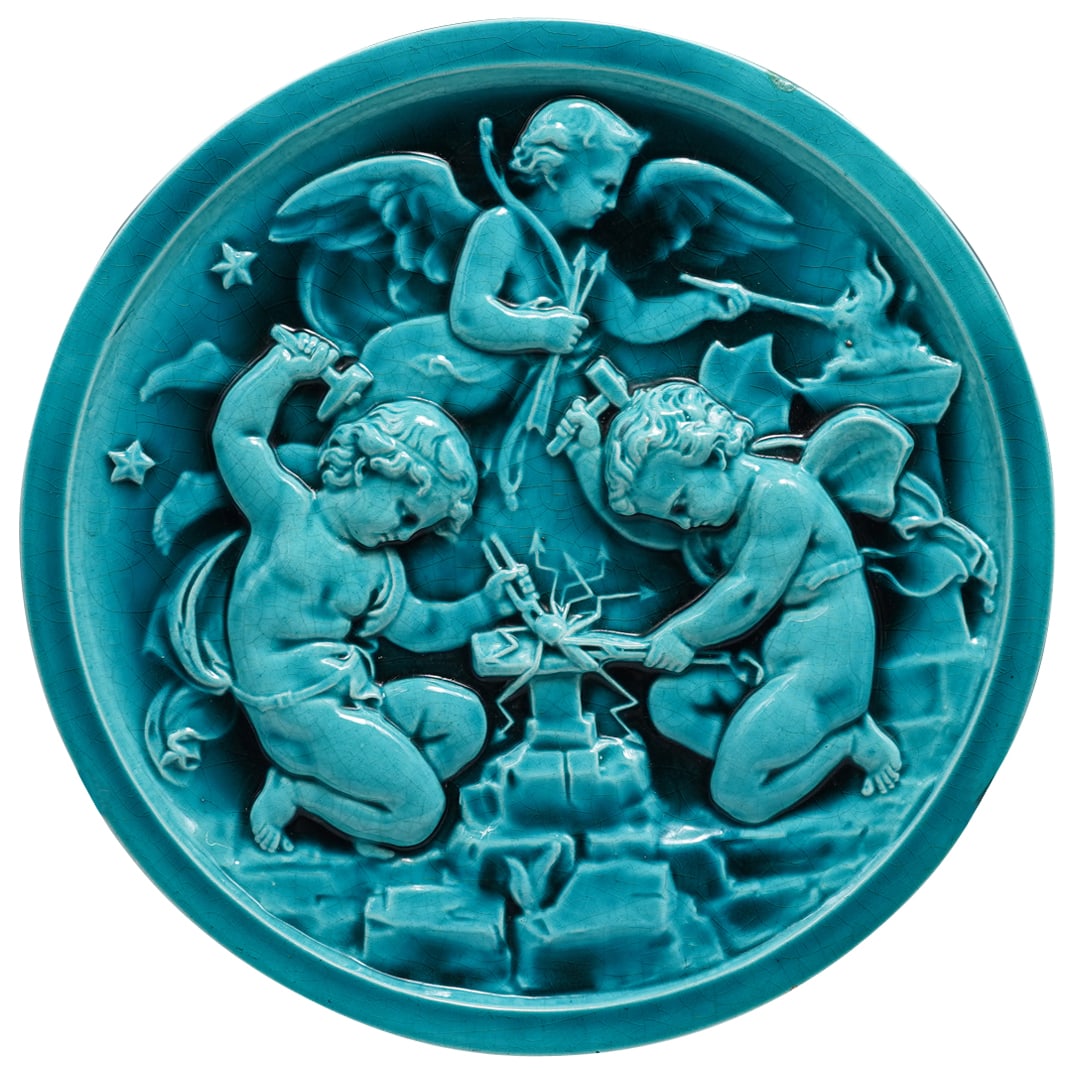 Antique Clement Massier Majolica Putto Medallion (1 of 7)