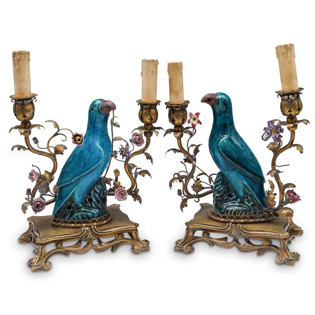 Pair Antique Brass & Porcelain Bird Candelabra (1 of 11)