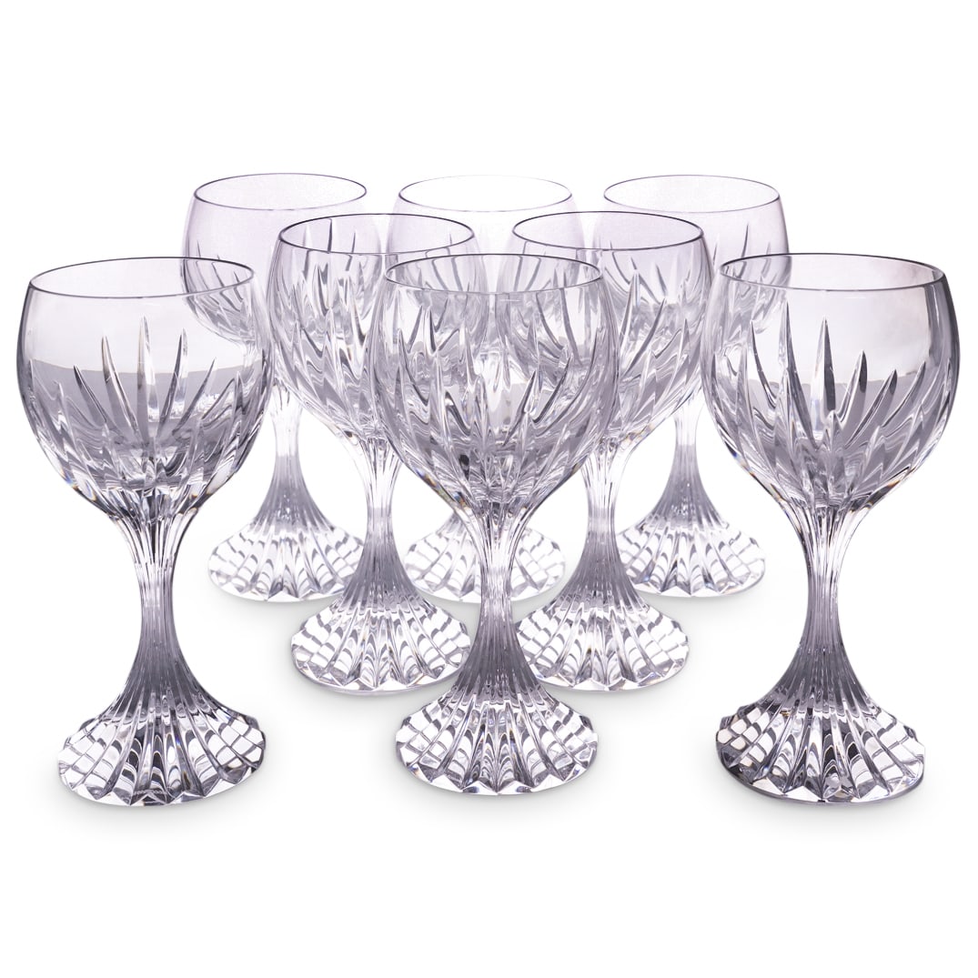 (8 Pc) Baccarat "Massena" Crystal Wine Glasses: DESCRIPTION: Eight Baccarat "Massena" clear, colorless crystal wine glasses. Marked on underside. CIRCA: Late 20th - early 21st century ORIGIN: French DIMENSIONS: H: 7" Diameter: 3.5" CONDITION: Some 