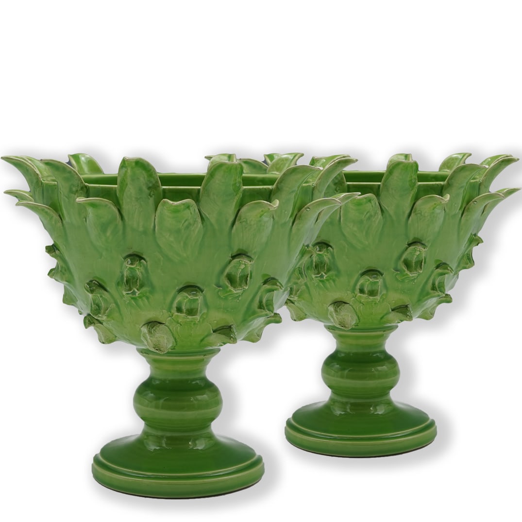 Jean Roger Majolica Pedestal Bowls: DESCRIPTION: Pair of Jean Roger Majolica pedestal bowls with glossy green artichoke forms. underside signed: 'Jean Roger Paris, Made In France' CIRCA: 20th Cent. ORIGIN: France DIMENSIONS: H: 8.25" x