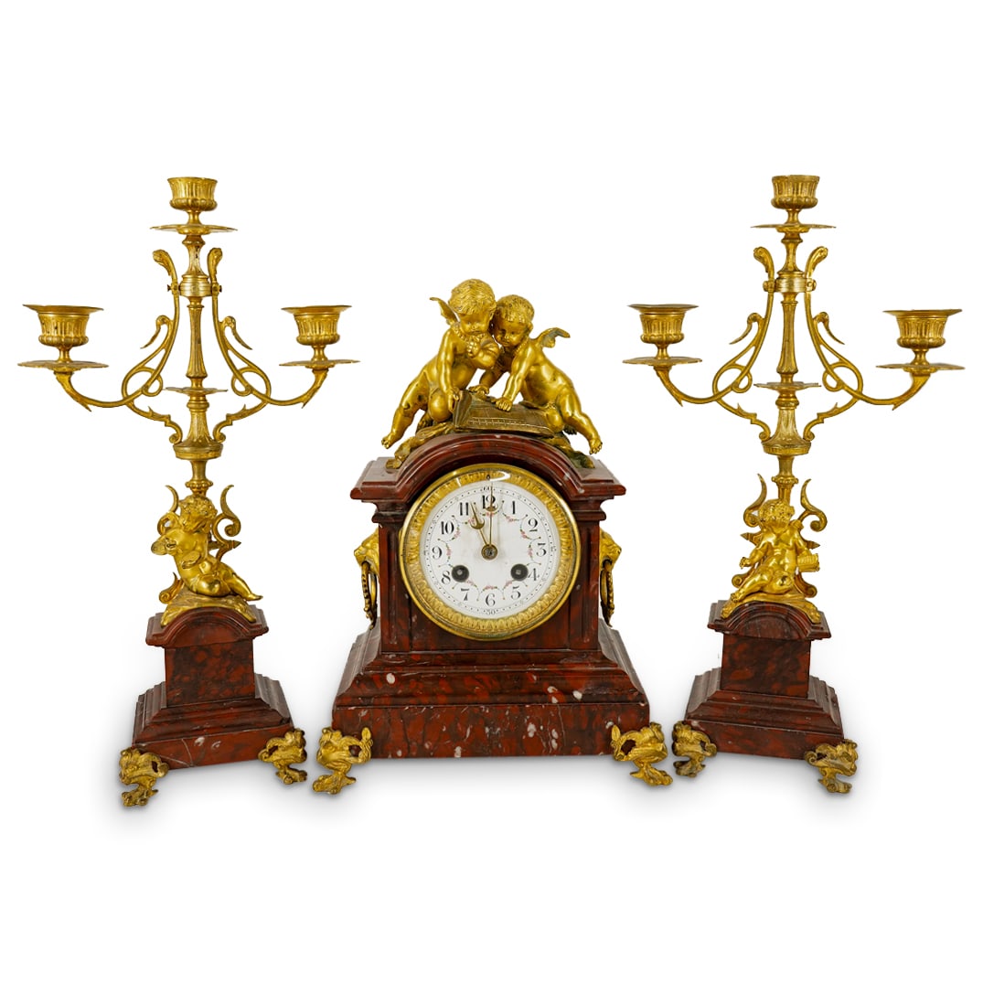 19th Century French Rouge Marble And Gilt Bronze Clock Set (1 of 20)