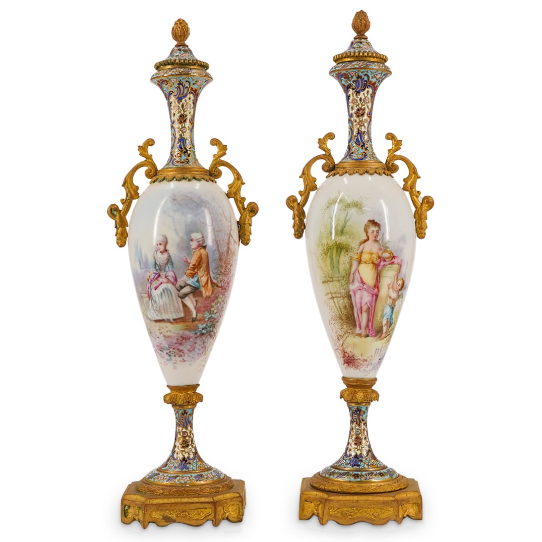 Pair Antique French Porcelain & Champleve Urns (1 of 14)