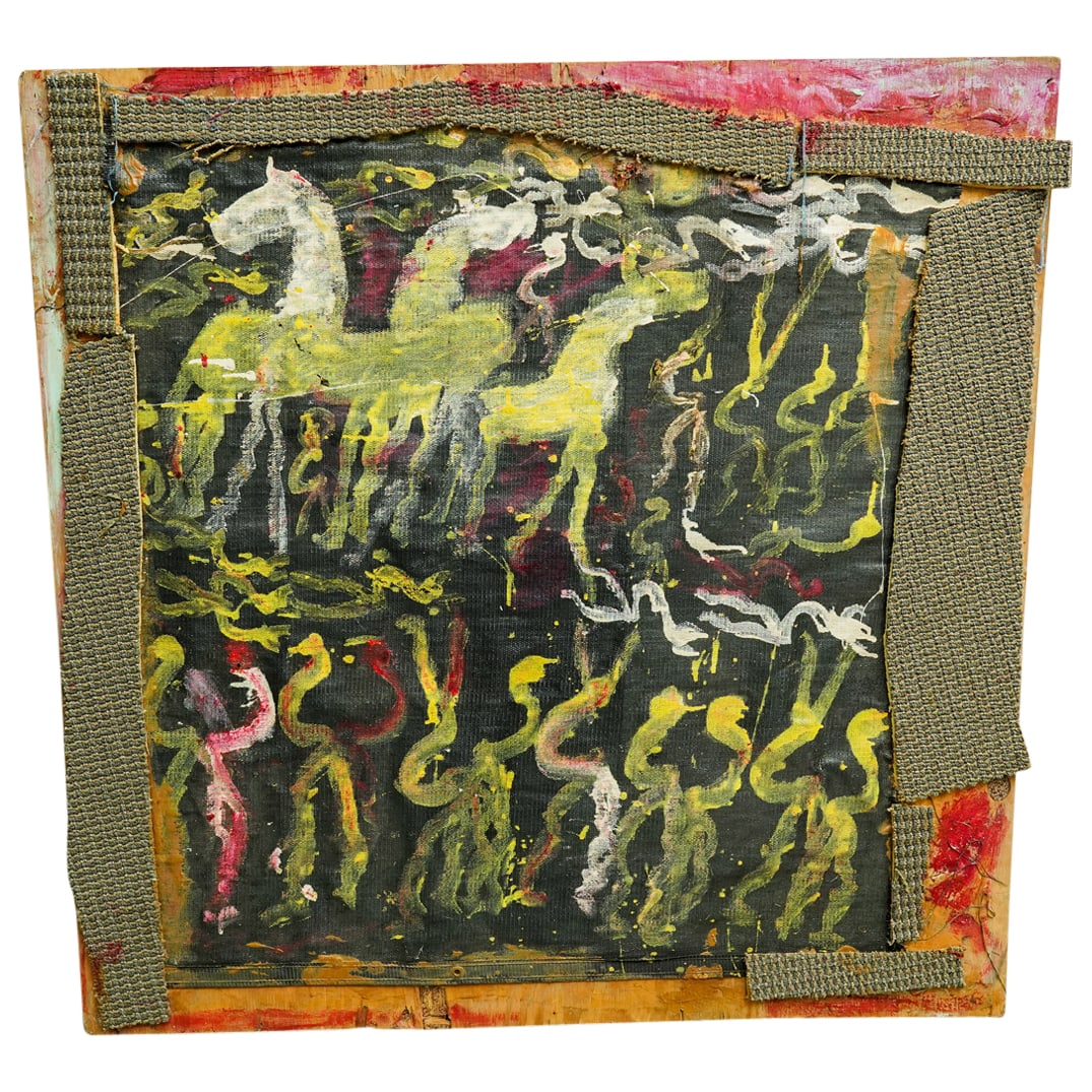 Purvis Young (American, 1943-2010) Mixed Media: DESCRIPTION: Mixed media by Purvis Young featuring a black tarp adhered to plywood board via carpeting segments and depicting an image of horses and bipedal figures. Numbered on verso: 091406-86 CIRCA
