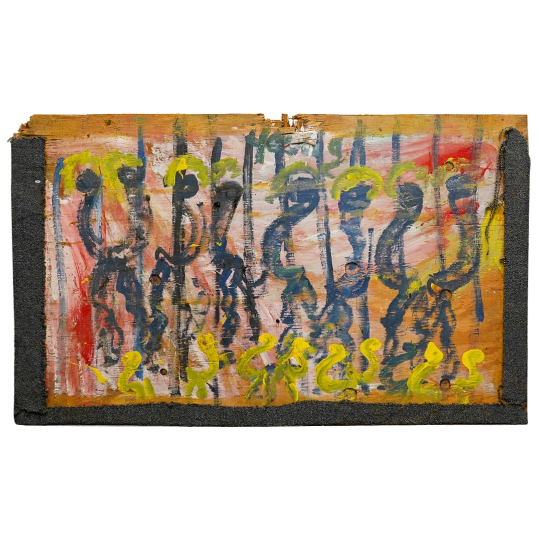 Purvis Young (American, 1943-2010) Mixed Media: DESCRIPTION: Mixed media by Purvis Young featuring a carpet bordered images depicting a series of curved, surreal bipedal figures amidst vertical lines with smaller, similar figures in yellow near ima