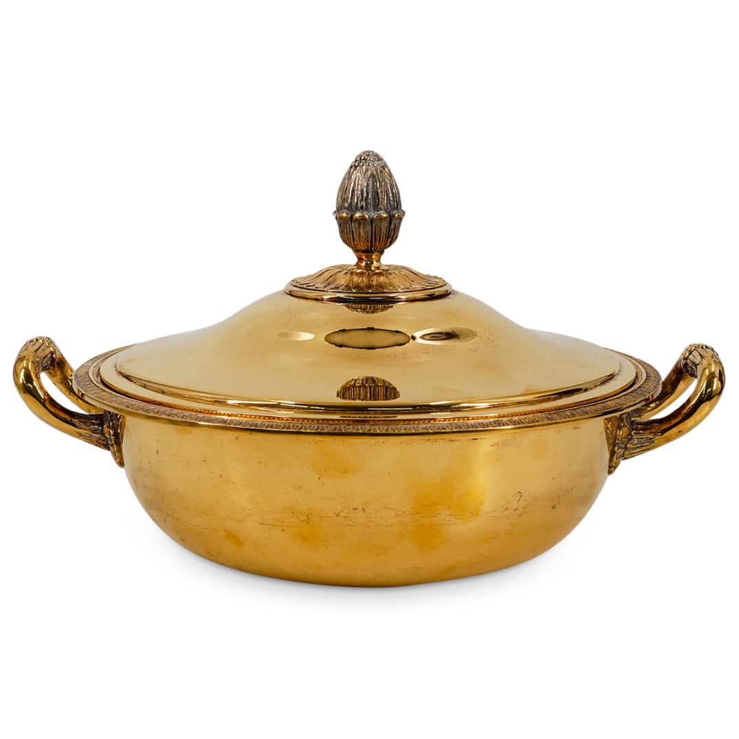 Christofle France Malmaison Gallia Gold Gilt Handled Covered Dish: DESCRIPTION: Christofle France gold gilt Malmaison Gallia handled serving covered serving dish with lid, lateral handles and acorn finial. Marked with the Christofle Gallia hallmarks on the underside.