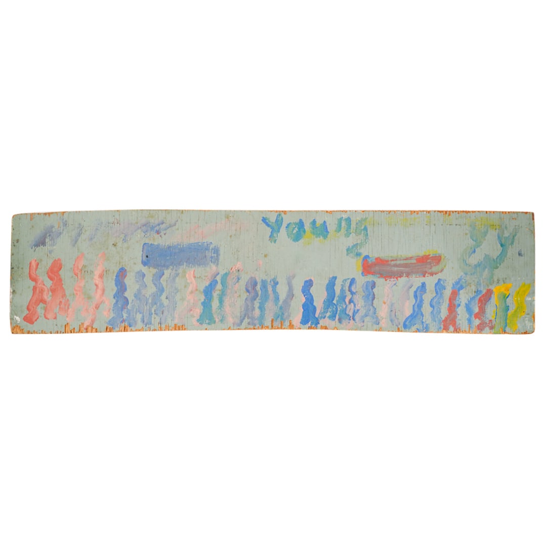 Purvis Young (American, 1943-2010) Mixed Media: DESCRIPTION: Mixed media by Purvis Young featuring forked forms of various colors against a teal background on a wooden board. Signed at top. Numbered on verso: 100406-822. CIRCA: 20th to early 21st C