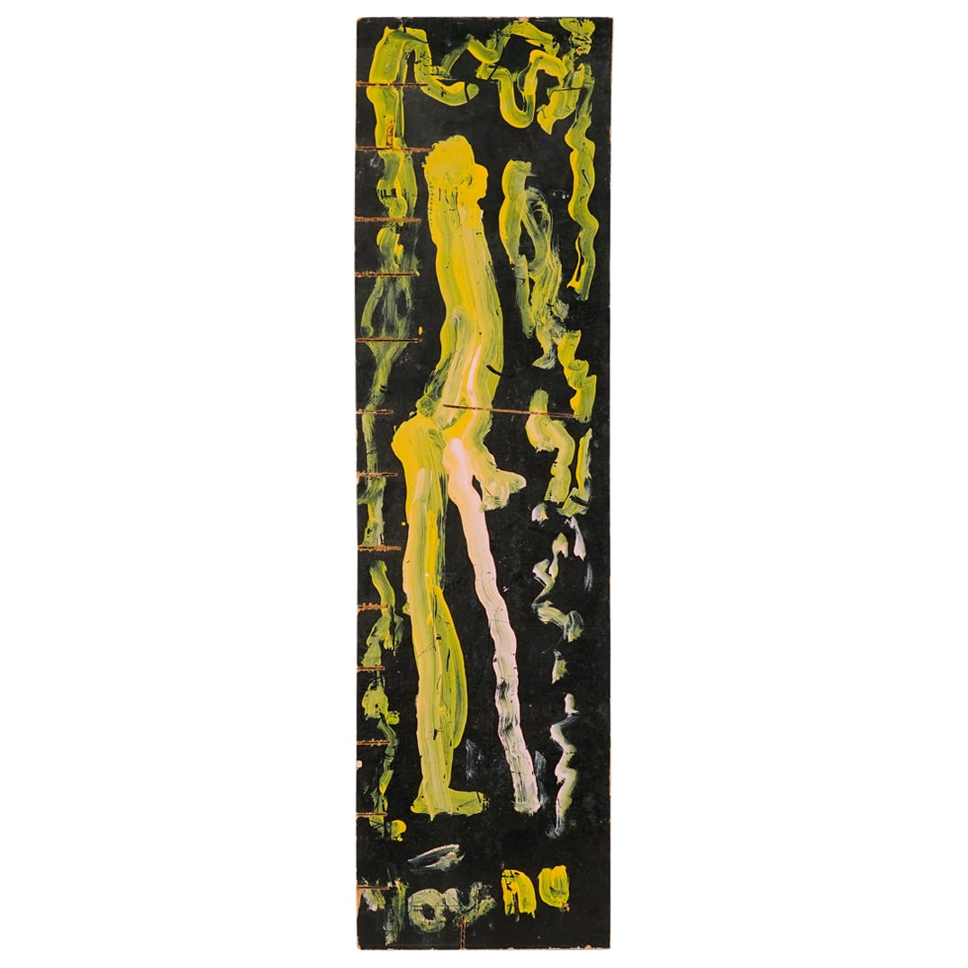 Purvis Young (American, 1943-2010) Mixed Media: DESCRIPTION: Mixed media by Purvis Young featuring a long humanoid figure surrounded by yellow linework against a black background. Signed at bottom. Marked "W32-07" on verso. CIRCA: 20th to early 21s