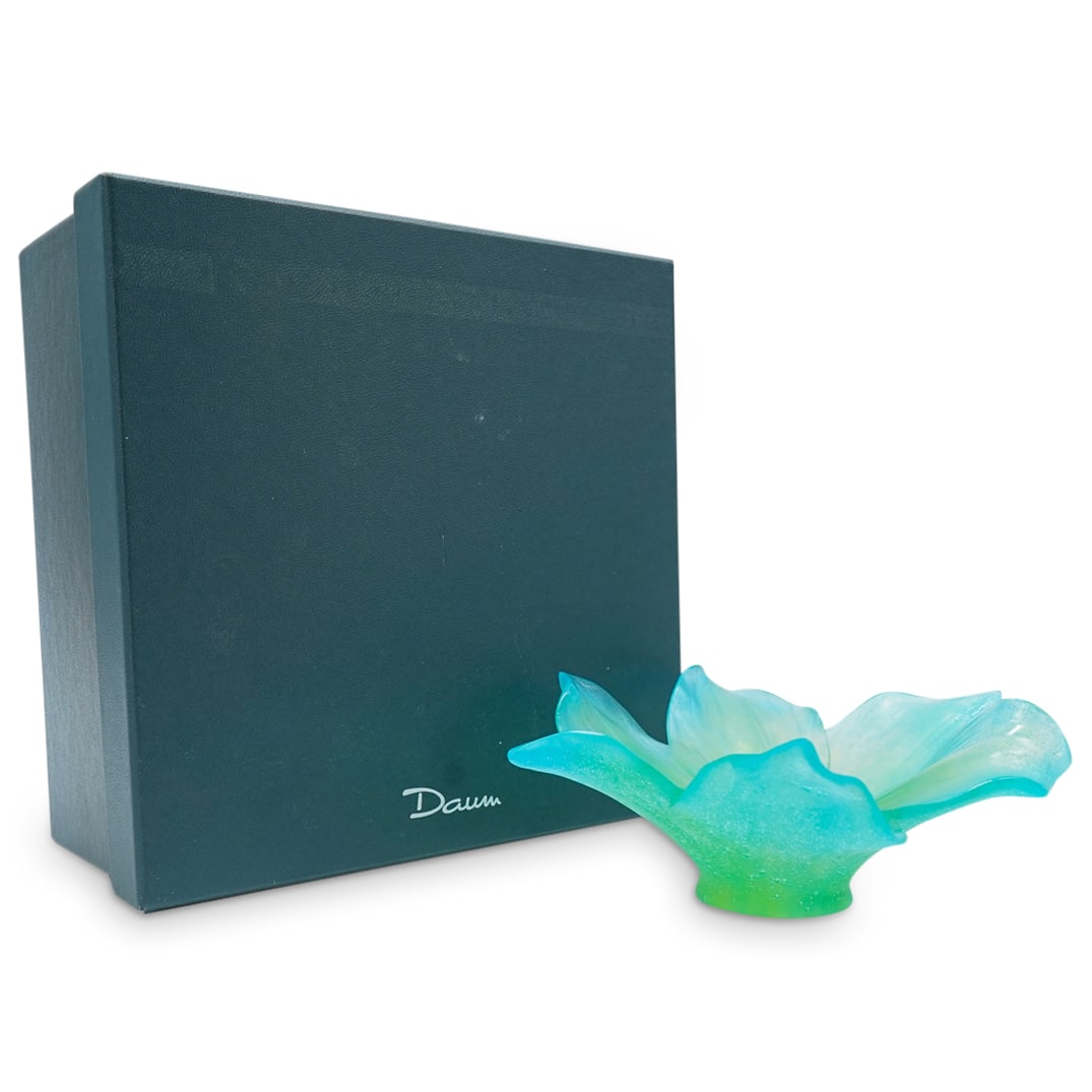 Daum Pate De Verre "Amaryllis" Bowl: DESCRIPTION: Daum polychrome "Amaryllis" pate de verre glass bowl. Marked with "Daum France" on underside. Includes a Daum box. CIRCA: Late 20th - early 21st century ORIGIN: French DIMENSIONS: H: 2.75