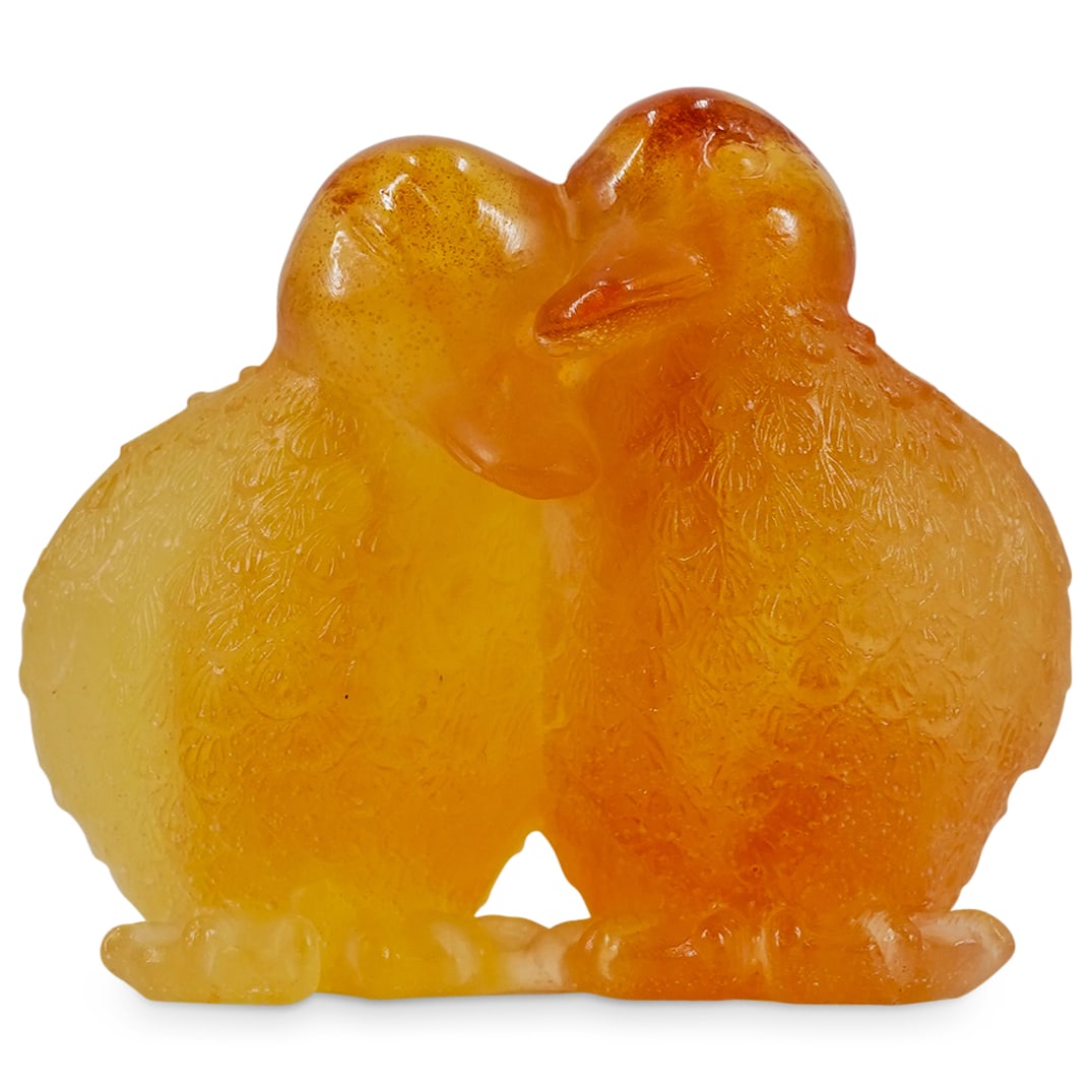 Daum Pate De Verre Glass Ducklings Sculpture: DESCRIPTION: Daum pate de verre glass sculpture of a pair of yellow ducklings in a yellow to a light amber glass. Signed "Daum France". CIRCA: 20th Century ORIGIN: France DIMENSIONS: H: 2 1/2" W: 3 1/