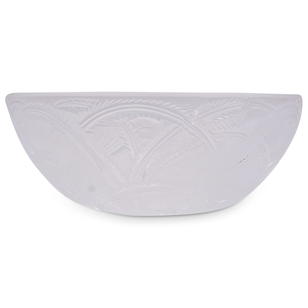 Lalique "Finches" Cut Crystal Bowl: DESCRIPTION: Lalique crystal bowl featuring cut finch and foliage designs in relief. Piece is marked on underside with Lalique hallmark. CIRCA: 20th Century ORIGIN: France DIMENSIONS: H: 3 3/4" D: 9 1