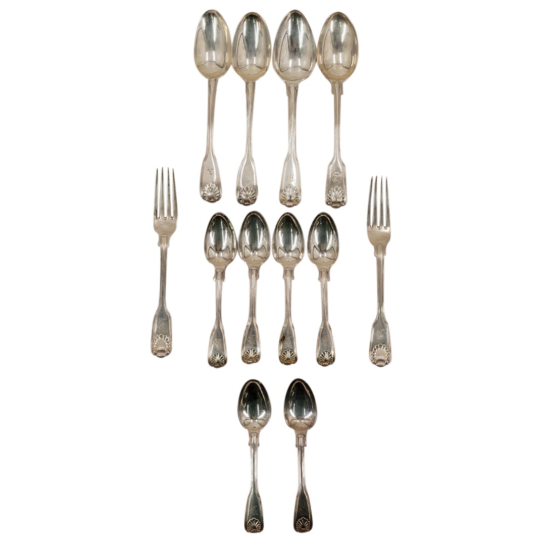 (12 Pc) William IV & Victorian Sterling Silver Fiddle, Thread & Shell Spoons & Forks (1 of 17)