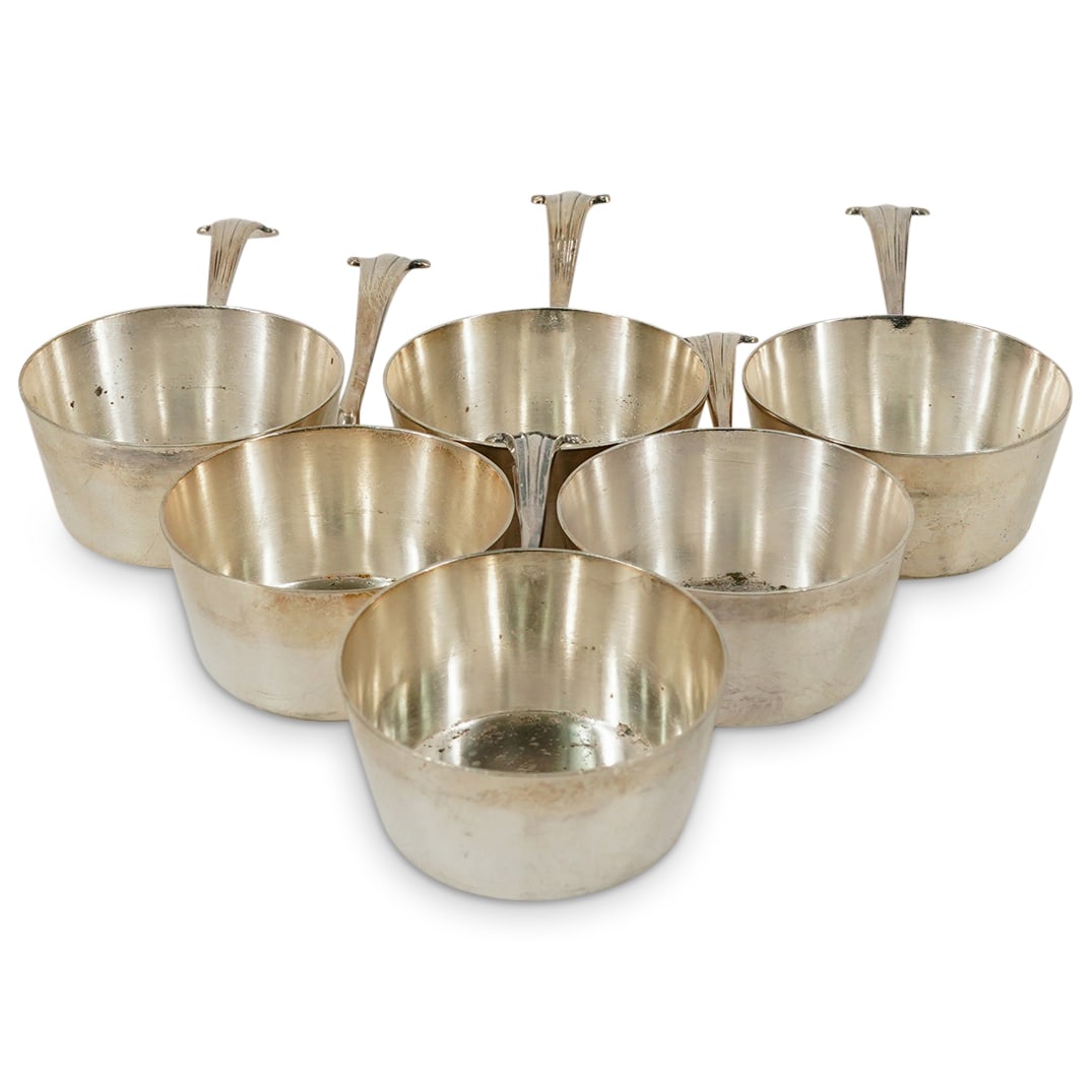 (6 Pc) English Mappin & Webb Butter/Sauce Handled Mini Pots: DESCRIPTION: (6 Pc) English Mappin & Webb Butter/Sauce Handled Mini Pots. Marked with hallmarks on the underside. Total weight: 334 grams. CIRCA: 20th Century ORIGIN: England DIMENSIONS: H: 1 1/8" W: